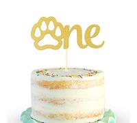 Gold Paw One Cake Topper - Golden Glitter Cardstock 1st Birthday Cake Smash Party Decoration for Baby, Single Sided Dog Paw Birthday Cake Sign