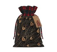 Gold Peacock Feather Printing Color Matching Plaid Christmas Bag With Drawstring,4.7x6.9 In For Christmas Halloween