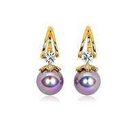 Gold Pearl Drop Earrings with Crystal Accents, Purple Pearl, Elegant Evening Jewelry