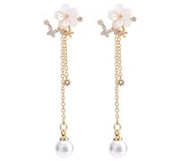 Gold Pearl Flower Dangle Earrings, Dainty Long Chain Dangle Pearl Drop Earrings for Women Shining Flower Wedding Jewelry Accessories for Brides Bridesmaids