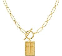 Gold Pendant Necklaces for Men, Gold Plated Moon Star Evil Eye Love Heart Cross Necklace for Women, Toggle Clasp Paperclip Chain Dainty Fashion Religious Simple Jewelry Gifts, 4.5 mm