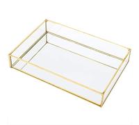 Gold Perfume Tray, Rectangle Decorative Glass Mirror Vanity Tray Jewelry Photo Display Organizer for Trinket Cosmetics Makeup Bathroom Bedroom Home Table Decorative (L)