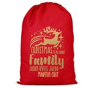 Gold Personalised Reindeer Kids Present Sack - Custom Names - Christmas is all about Family Xmas Gift Bag for Kids - Boys Girls Festive Gift, L, Red