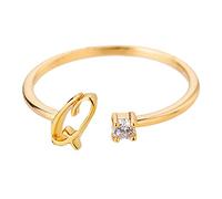 Gold Personalized Rhinestone 26 Initial Ring Jewelry Personalized Initial Letter Open Ring with Diamond Rhinestone Ring for Women Teen Jewelry (Q, One Size)