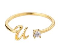 Gold Personalized Rhinestone 26 Initial Ring Jewelry Personalized Initial Letter Open Ring with Diamond Rhinestone Ring for Women Teen Jewelry (U, One Size)