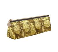 Gold Pineapple Background Print Large Capacity Leather Pencil Case Smooth Zippered Pen Pouch School Travel Makeup