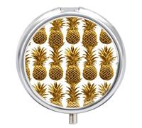 Gold Pineapple Background Round Pill Box with Mirror 3 Compartment Portable Pill Case for Travel Outdoor Use Cute Small Pill Organizer for Pocket Or Purse