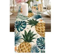 Gold Pineapple Table Runner 13 x 72 Inch, Monstera Leaves Vintage Tropical Botanical Summer Washable Cotton Linen Dining Table Runner Tabletop Decorations for Restaurant Home Kitchen Party