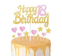 Gold Pink 18th Birthday Cake Topper, Girls 18th Birthday Decorations, Glitter Heart Stars Cake Toppers, Personalised Happy Birthday Cake Cupcake Toppers for Women Girls Baby Birthday Party Supplies