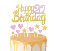 Gold Pink 20th Birthday Cake Topper, Girls 20th Birthday Decorations, Glitter Heart Stars Cake Toppers, Personalised Happy Birthday Cake Cupcake Toppers for Women Girls Baby Birthday Party Supplies
