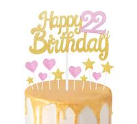 Gold Pink 22th Birthday Cake Topper, Girls 22th Birthday Decorations, Glitter Heart Stars Cake Toppers, Personalised Happy Birthday Cake Cupcake Toppers for Women Girls Baby Birthday Party Supplies