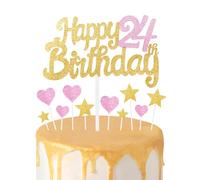 Gold Pink 24th Birthday Cake Topper, Girls 24th Birthday Decorations, Glitter Heart Stars Cake Toppers, Personalised Happy Birthday Cake Cupcake Toppers for Women Girls Baby Birthday Party Supplies