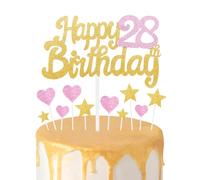 Gold Pink 28th Birthday Cake Topper, Girls 28th Birthday Decorations, Glitter Heart Stars Cake Toppers, Personalised Happy Birthday Cake Cupcake Toppers for Women Girls Baby Birthday Party Supplies