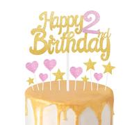 Gold Pink 2nd Birthday Cake Topper, Girls 2nd Birthday Decorations, Glitter Heart Stars Cake Toppers, Personalised Happy Birthday Cake Cupcake Toppers for Women Girls Baby Birthday Party Supplies