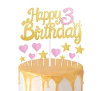 Gold Pink 3rd Birthday Cake Topper, Girls Decorations, Glitter Heart Stars Toppers, Personalised Happy Cake Cupcake Toppers for Women Girls Baby Party Supplies