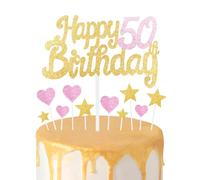 Gold Pink 50th Birthday Cake Topper, Girls 50th Birthday Decorations, Glitter Heart Stars Cake Toppers, Personalised Happy Birthday Cake Cupcake Toppers for Women Girls Baby Birthday Party Supplies