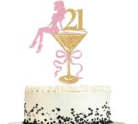 Gold & Pink Glitter 21 Cake Topper, Cinco De Mayo Mexican 21st Birthday Decor, Martini Glass Fiesta Themed 21st Birthday Party Decorations Supplies for Tini Girls