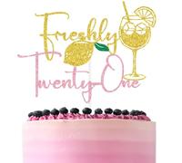 Gold & Pink Glitter Freshly Twenty - One Cake Topper, Lemonade Martini Tini 21st Birthday Decor, Summer Tropical Lemon Themed 21st Birthday Party Decorations Supplies