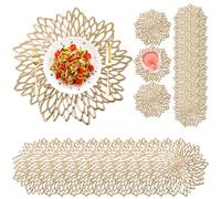 Gold Placemats Set of 24, Including 12 Pcs Charger Plates & 12 Pcs Coasters, Heat-Resistant Hollow Table Mats, Washable Round Dining Placemats, Wedding Table Decorations