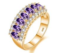 Gold Plated 7 Stones Mother Ring, Oval Cut Simulated Amethyst Wedding Band, Purple Cubic Zirconia Jewelry J501 (Gold, Purple, Size Q)