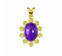 Gold Plated 925 Sterling Silver Amethyst Cabochon Pendant with Peridot Accents, Natural Gemstone Halo Charm
