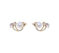 Gold Plated Alloy Double Curved Cuff Stud Earring, Iridescent Luster Round Pearl & Two Oval Cubic Zircon Side Claw Earrings, Asymmetrical Open Frame Pearl Zircon Studs for Women Jewelry Gift