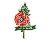 Gold Plated Alloy Enamel Poppy Brooch - Remembrance Day Lapel Pin with ‘Lest We Forget’ Banner, Memorial Souvenirs Jewellery Gift for Women & Men (With Velvet Pouch) (Green Banner)