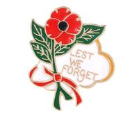 Gold Plated Alloy Enamel Poppy Brooch - Remembrance Day Lapel Pin with ‘Lest We Forget’ Banner, Memorial Souvenirs Jewellery Gift for Women & Men (With Velvet Pouch) (Red Bow)