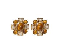 Gold Plated Alloy Floral Stud Earring, Vintage Cross Frame Inlaid Tiger Eye Stone & Imitation Pearl Earrings,Warm Brown Retro Statement Earrings for Women Jewelry Gift