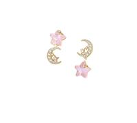 Gold Plated Asymmetric Moon Star Drop Earrings, Pink Opal Effect & Cubic Zirconia Dangle Earrings, Hypoallergenic Celestial Statement Jewelry for Daily Wear