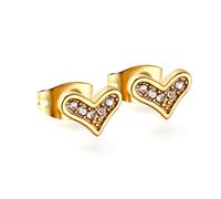 Gold Plated Asymmetrical Heart Stud Earrings - Crystal Paved Crooked Heart Design, Sparkle Love Jewelry