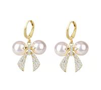 Gold Plated Bow Drop Earrings with Double Pearls & Crystal Accents Alloy Dangle Earrings for Women Elegant Bridal & Party Jewelry
