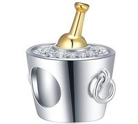 Gold Plated Champagne Charms in Ice Bucket, 925 Sterling Silver Champagne Bottle Beads with CZ, fit Pandora Birthday Bracelet, Celebration Gifts for Party/Godmother/Boy/Girl