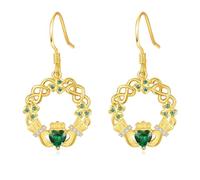 Gold Plated Claddagh Earrings for Women 925 Sterling Silver Celtic Knot Clover Irish Earrings Dangle ST Patricks Day Green May Birthstone Jewellery Irish Gifts for Mom