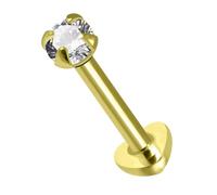 Gold Plated Claw Set 4mm Round Cz Stone 925 Sterling Silver Internally Threaded 16 Gauge - 6mm Length Heart Base Lip Labret - Tragus Bar Piercing - Conch , Helix Labret Stud - Tragus Earring