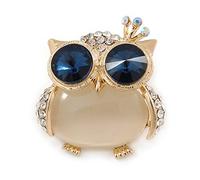 Gold Plated Clear/Blue Crystal with Cat Eye Stone Owl Brooch - 35mm L