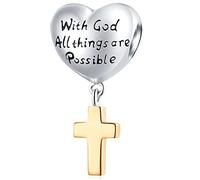 Gold Plated Cross Pendant with God All Things are Possible Charms, 925 Sterling Silver Heart Dangle Bible Verse Prayer Beads, fit Pandora Christmas Bracelet, Gifts for Mum/Mothers Day/Easter Day