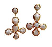 Gold plated Cross shape Freshwater Cultured White Coin Pearl Crucifix Drop Stud Earrings Fashion Jewelry For Gift