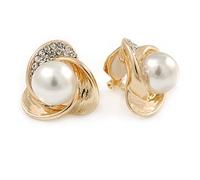Gold Plated, Crystal, Faux Glass Pearl 3 Petal Flower Clip On Earrings - 20mm