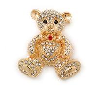 Gold Plated Crystal Teddy Bear With Bow&Heart Brooch - 45mm Across