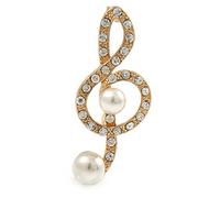 Gold Plated Diamante Faux Pearl Treble Clef Brooch - 50mm L