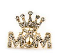 Gold Plated Diamante 'MOM & Crown' Brooch - 3.5cm Length