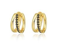 Gold Plated Double Layer Huggie Hoop Earrings 925 Sterling Silver Cubic Zirconia Hoop Earrings Black CZ Double Row Line Earring Hinged Hoop for Women
