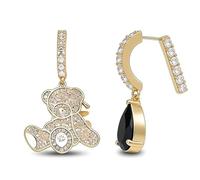 Gold Plated Flat Back Earrings with Crystal Bear & Black Stone Drop, Hypoallergenic Nickel Free Studs for Sensitive Ears, Birthday Gifts for Her, Jewelry Gift Box Included