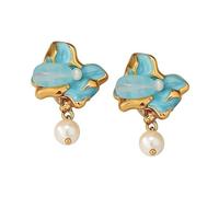 Gold Plated Flower Stud Earrings with Blue Opal and Pearl Drop, Flat Back Earrings for Sensitive Ears, Hypoallergenic Nickel Free, Birthday Gifts for Her, Jewelry Gift Box Included