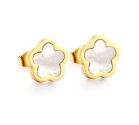 Gold Plated Flower Stud Earrings with White Shell - Mother of Pearl Peach Blossom Inlay, Sweet Floral Jewelry
