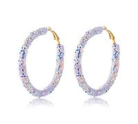 Gold Plated Glitter Sequin Hoop Earrings Round Delicate Rhinestone Dangle Earrings Bling Bling Personality Boho Chic Jewelry (White)