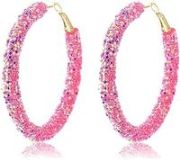 Gold Plated Glitter Sequin Hoop Earrings Round Delicate Rhinestone Dangle Earrings Bling Bling Personality Boho Chic Jewelry (Pink)