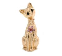 Gold Plated Kitty with Pink Crystal Flower Brooch - 60mm L