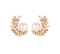 Gold Plated Multicolor Cubic Zirconia Leaf Pearl Stud Earrings, CZ Wreath with Simulated Pearl, Hypoallergenic Statement Jewelry
